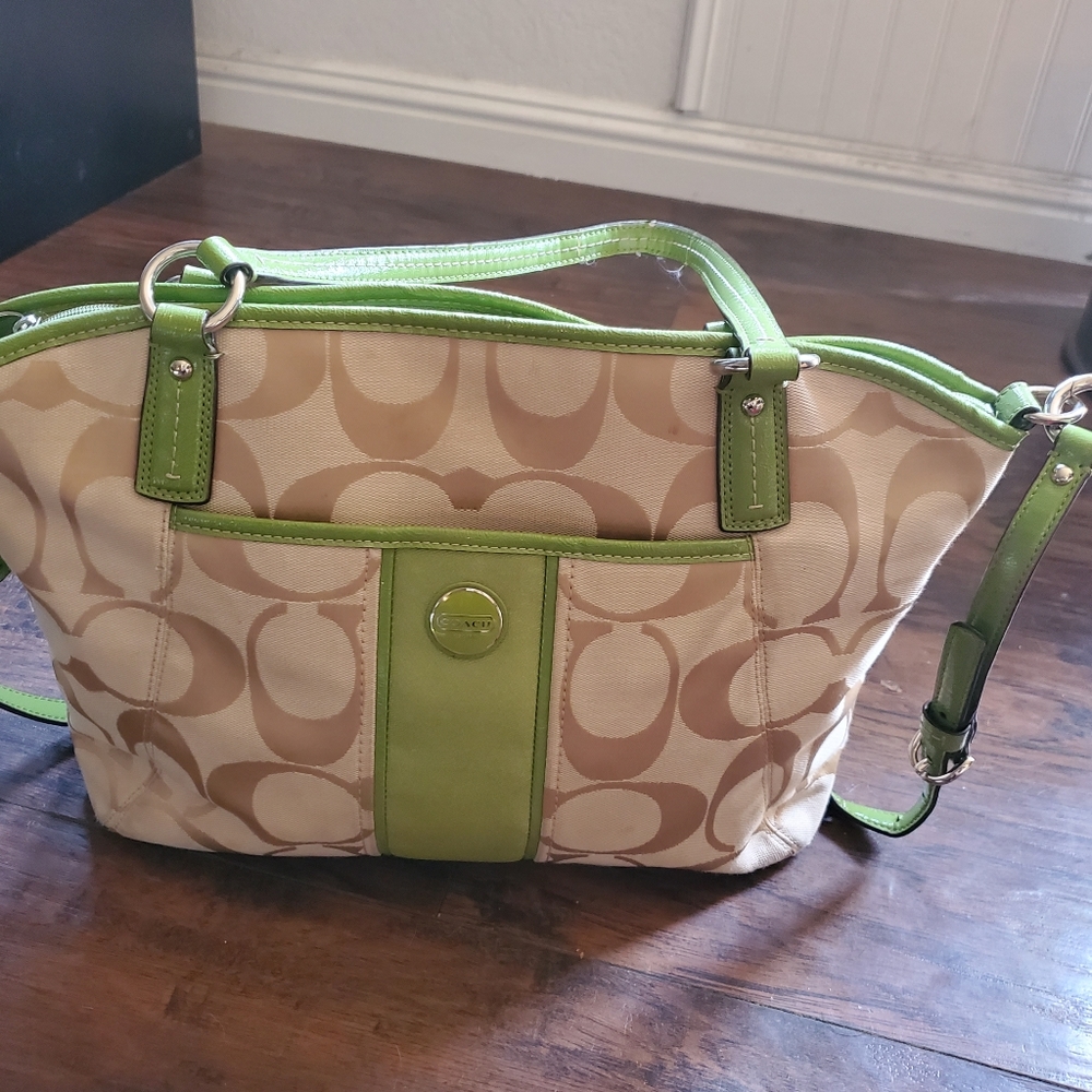 Coach Purse Beige With Green Trim